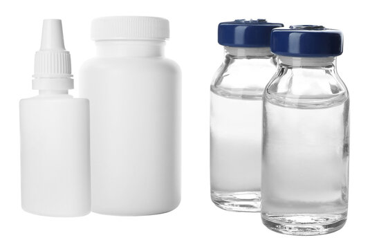 pharmaceutical photograph showcasing various medicine containers including clear glass vials, a large white prescription bottle, and a small nasal spray bottle isolated against black.