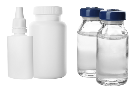 pharmaceutical photograph showcasing various medicine containers including clear glass vials, a large white prescription bottle, and a small nasal spray bottle isolated against black.