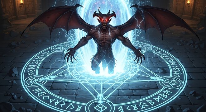 Summoning Ritual - A Demon Emerges from a Glowing Circle.