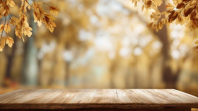Autumn wooden table background with blurred forest and yellow leaves, perfect for product display, design mockups, and seasonal advertising