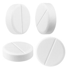 high contrast photograph featuring four large, round, white medicinal tablets, scored down the center, presented from various dynamic angles isolated on a stark transparent background.