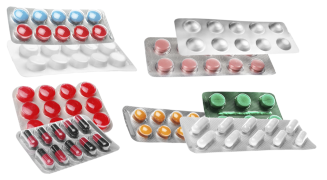 a photograph of overlapping pharmaceutical blister packs containing an assortment of colored tablets and capsules isolated against a dark transparent background.