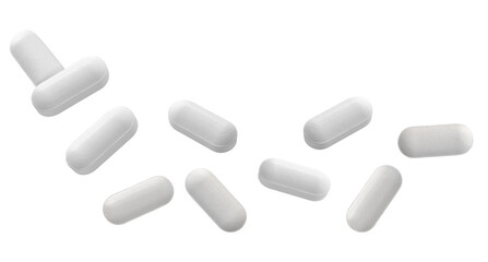 dramatic close-up photograph featuring nine individual white, bar-shaped pharmaceutical tablets scattered loosely and isolated against a stark transparent background.