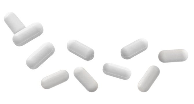 dramatic close-up photograph featuring nine individual white, bar-shaped pharmaceutical tablets scattered loosely and isolated against a stark transparent background.