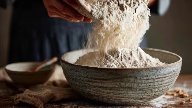 Medium shot of a person pouring sorghum flour into a mixing bowl showcasing natural glutenfree baking preparation.