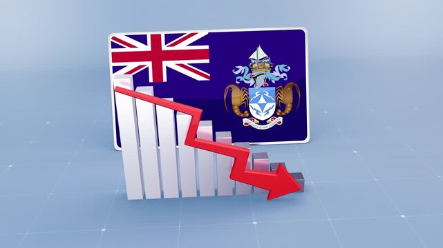 Tristan da Cunha Flag and Bar Chart Graph Showing Decreasing Values a Red Arrow Economic Crisis Concept