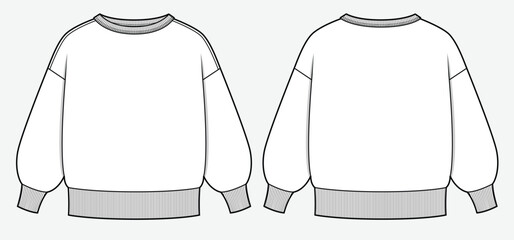 Kids oversized sweatshirt design technical flat sketch vector mockup template.