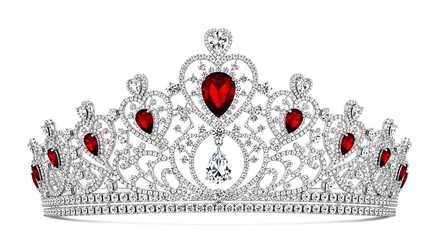 Elegant silver crown with red gems isolated on white background