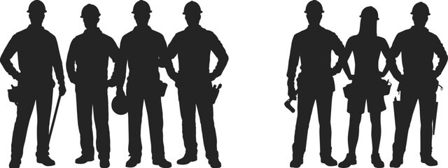 Construction workers, silhouettes, hard hats, teamwork, industrial labor, safety gear, tools, professional crew, job site, engineering, infrastructure, manual work, industry, occupational safety,