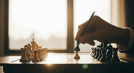 Close up of a chess game with a hand moving a piece in the golden hour light.
