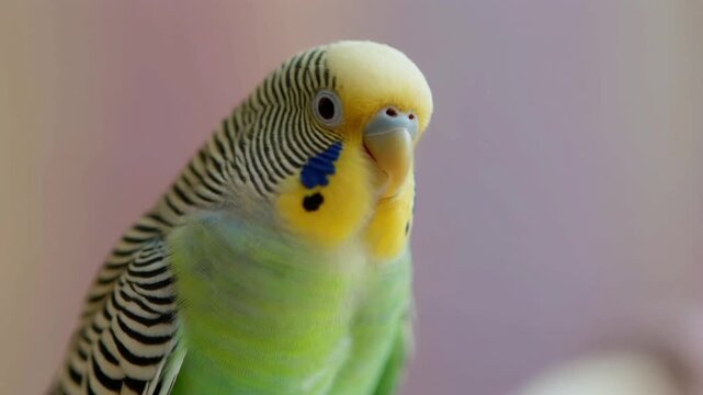 Close shot parakeet perched calm, feathers puffing softly, slow head turn, gentle blink, crisp feather detail, pastel background blur, quiet peaceful vibe.