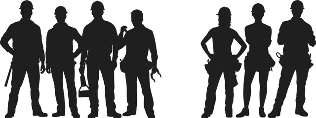 Silhouettes, construction workers, teamwork, hard hats, tools, labor force, industrial crew, job site, manual work, safety gear, skilled professionals, unity, infrastructure, engineering, tradespeople
