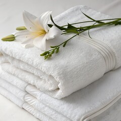 Stack of soft white towels with a white lily isolated on white background