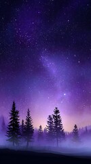 Naklejka premium Starry Night Sky Over Forest with Purple Hues and Misty Atmosphere