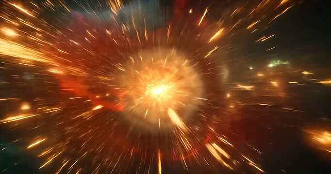 Explosive cosmic event with vibrant colors radiating from a central point in deep space