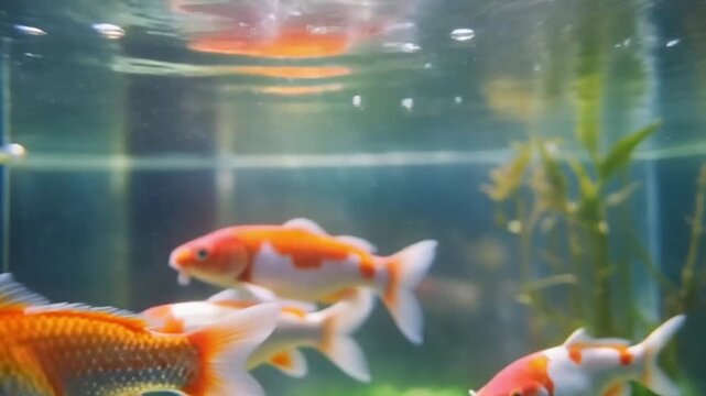 Close-up koi fish swimming gracefully inside clean glass aquarium, soft rippling light reflections on glass, clear water with tiny natural bubbles, elegant fin movement.
