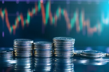 A stock market graph with stacks of coins in the background symbolizes financial growth, wealth, and prosperity through content marketing. The image uses a blue and green color