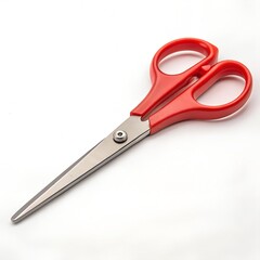 Red scissors on white background, tool for cutting paper or fabric