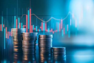 A stock market graph with stacks of coins in the background symbolizes financial growth, wealth, and prosperity through content marketing. The image uses a blue and green color