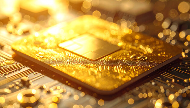 Golden CPU Processor: Close-up shot of a golden CPU processor, gleaming with intricate circuits, symbolizing advanced technology and innovation.