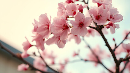 Obraz premium Closeup of beautiful pink cherry blossoms on a branch in spring, with soft light and a blurred background, creating a serene and delicate atmosphere