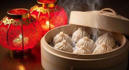 Steaming Chinese Soup Dumplings in Bamboo Steamer with Red Lanterns
