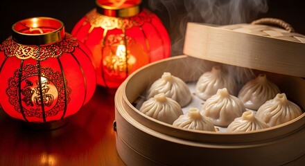 Steaming Chinese Dumplings in Bamboo Steamer with Red Lanterns Traditional Festival Atmosphere
