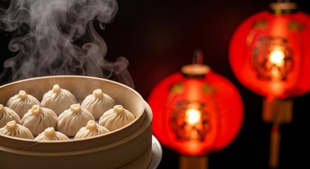 Steaming Chinese Dumplings in Bamboo Steamer with Red Lanterns in Background