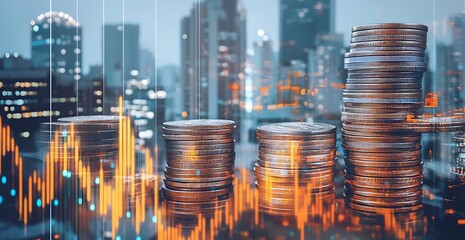 Double exposure concept of an urban skyline at night with tall illuminated buildings in the distance, blended with two large stacks of coins standing prominently in the foreground. 