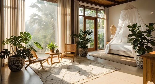 Sunny modern luxury tropical bedroom interior design with canopy bed and large plants