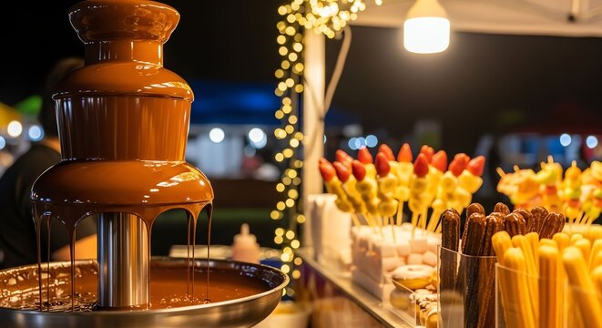 Chocolate Fountain with Assorted Candies at Night Market Fair