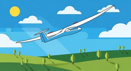 Glider Soaring High Above Green Hills on a Sunny Day.