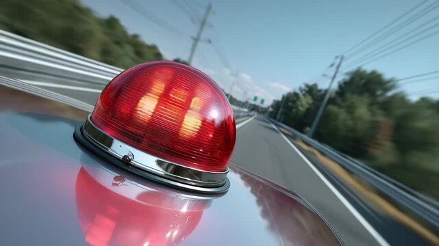 高速道路を走る車の屋根で赤い回転灯が点灯する移動シーン