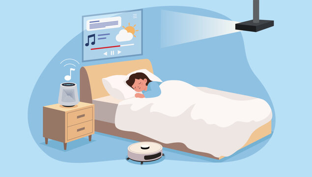 A person sleeping in a modern bedroom equipped with smart home devices, including a smart speaker playing music, a projector displaying content on the wall, and a robot vacuum cleaner. Smart Home.