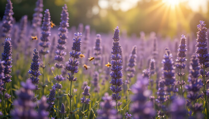 Obraz premium Sunlight bathes a field of vibrant purple lavender flowers, attracting buzzing bees as they gather nectar in the golden hour, creating a serene and picturesque scene