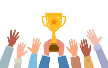 Success of teamwork, joint achievement of goal in business and life. Winning team is celebrating trophy.