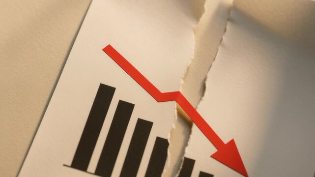 Negative revenue rate. Graph Depicting Decline with Red Arrow on Torn Paper, Symbolizing Loss in Business and Finance Trends