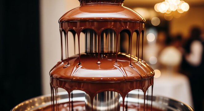 Chocolate Fountain Flowing Rich Dark Chocolate in Elegant Setting for Dessert Presentation