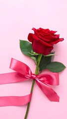 Bright red rose with a pink satin bow tied around its stem on a pink background
