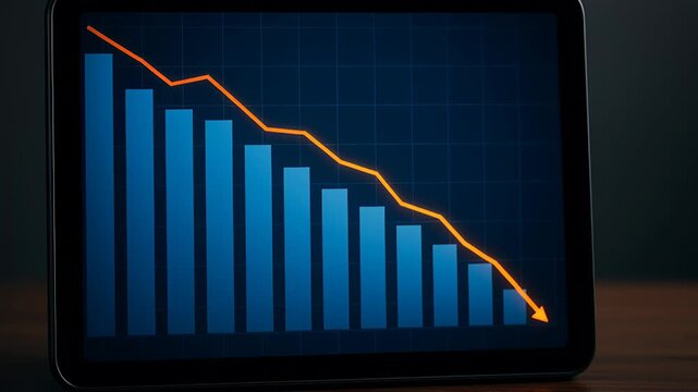 Negative revenue rate. Declining Financial Data Tablet Displays Statistics with Downward Graph Trend Illustrating Business Loss and Technology Impact