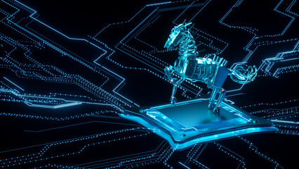 A galloping horse on a 3D rendered chip circuit board for the Year of the Horse.