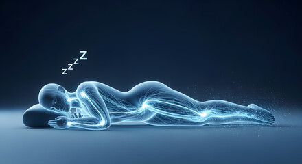 Sleeping human silhouette glowing with hormone lines showing restful sleep and calm posture