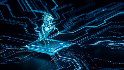 A galloping horse on a 3D rendered chip circuit board for the Year of the Horse.