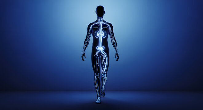 Human silhouette glowing nervous system and kidney anatomy with walking posture
