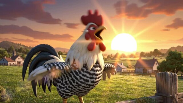 A colorful cartoon rooster crowing joyfully at dawn, symbolizing a bright new morning. Perfect for children&rsquo;s story animation or learning visuals.