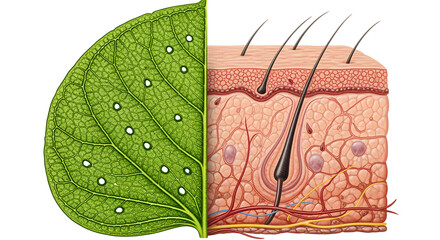 Cross section of green plant leaf and human skin with hair follicles showing natural harmony