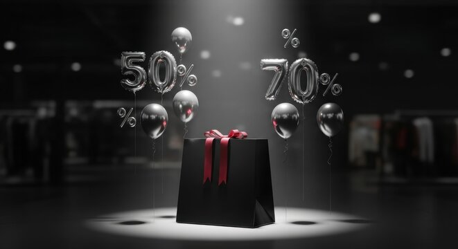 Black shopping bag with red ribbon and discount balloons for sales promotion event - Powered by Adobe