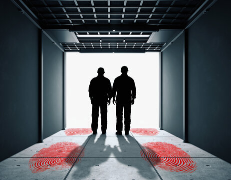 Two dark human silhouettes stand facing a bright white doorway, positioned directly over large, glowing red fingerprint marks on the industrial concrete floor, symbolizing identity and crime. - Powered by Adobe