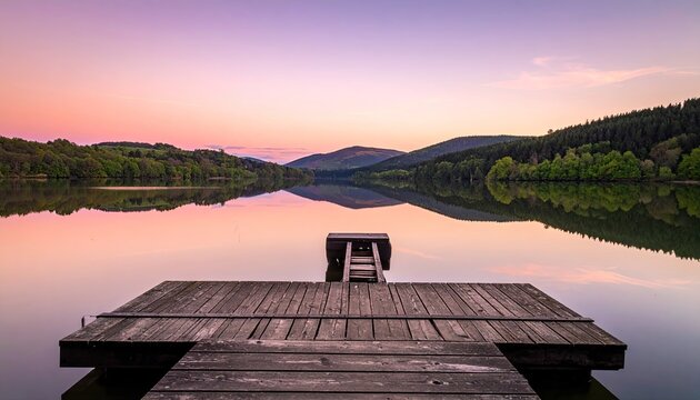 Wooden pier on a tranquil lake at sunrise with vibrant pink and purple sky reflecting on the calm water surrounded by lush green hills and distant trees - Powered by Adobe
