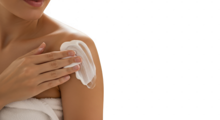 Woman applying cream or lotion on shoulder, skincare routine isolated on transparent background